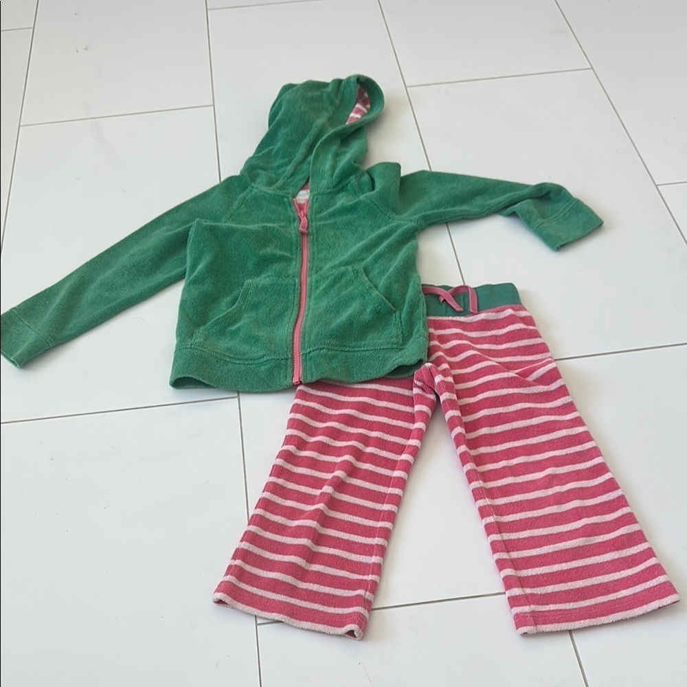 Mini Boden Green and Pink Kids Terry Beach swim cover up marching 3/4Y